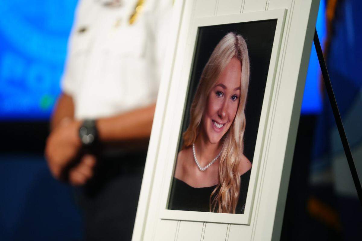 Columbia police display a photo of Logan Federico during a news conference about her death.