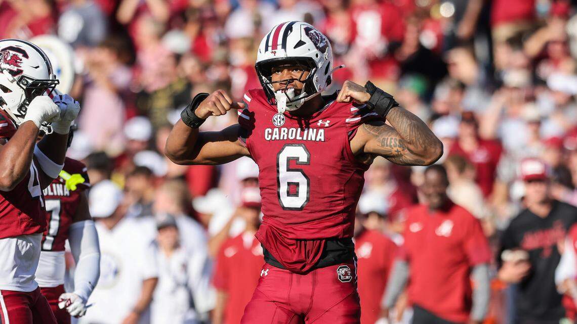 South Carolina defensive end Dylan Stewart (6) reacts after tackling Alabama wide receiver Germie Bernard (5) during the first half of the Gamecocks’ game against Alabama at Williams-Brice Stadium in Columbia on Saturday, October 25, 2025.