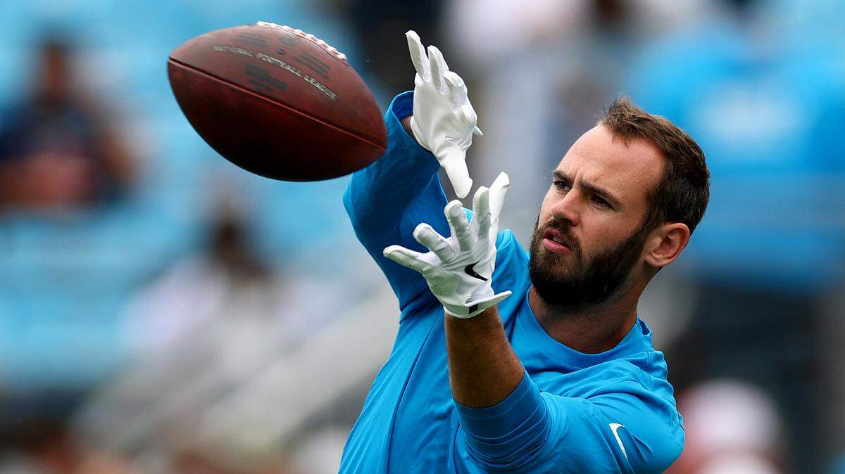 Hunter Renfrow #13 of the Carolina Panthers warms up prior to the game against the Dallas Cowboys at Bank of America Stadium on October 12, 2025 in Charlotte, North Carolina.