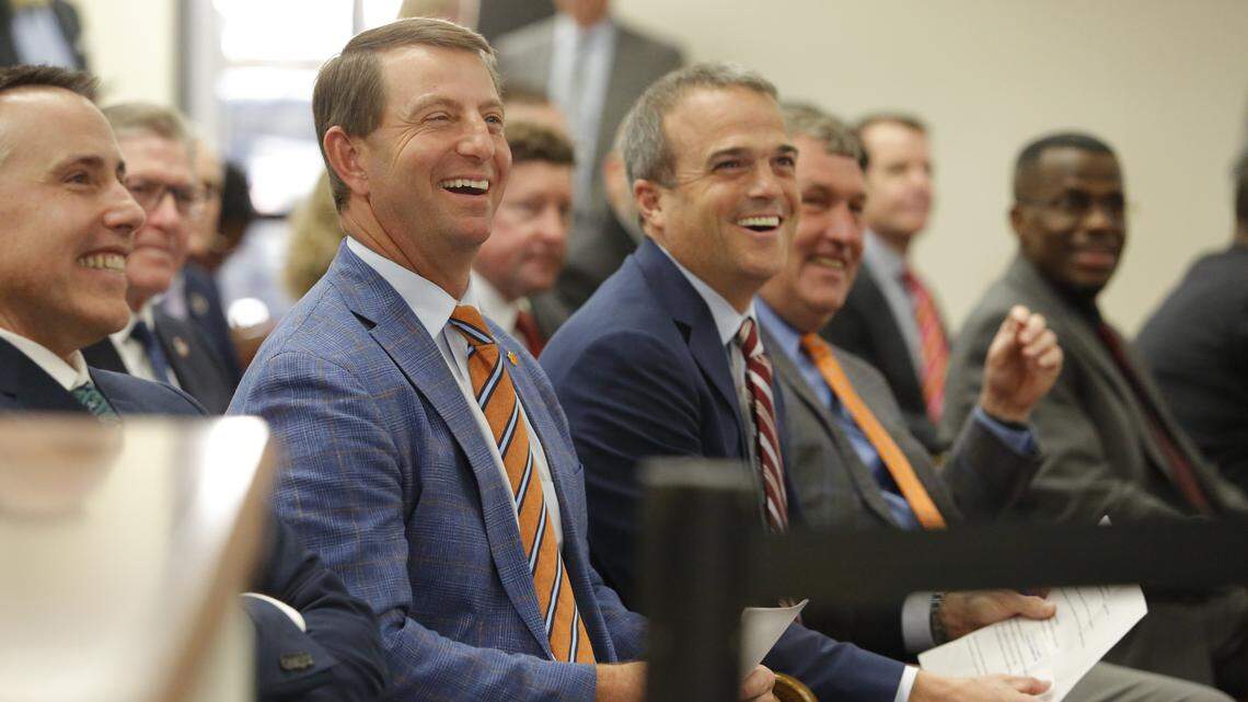 Clemson head coach Dabo Swinney and South Carolina head coach Shane Beamer during a House Education Full Committee meeting regarding NIL in Columbia, S.C. on Tuesday, Feb. 6, 2024.