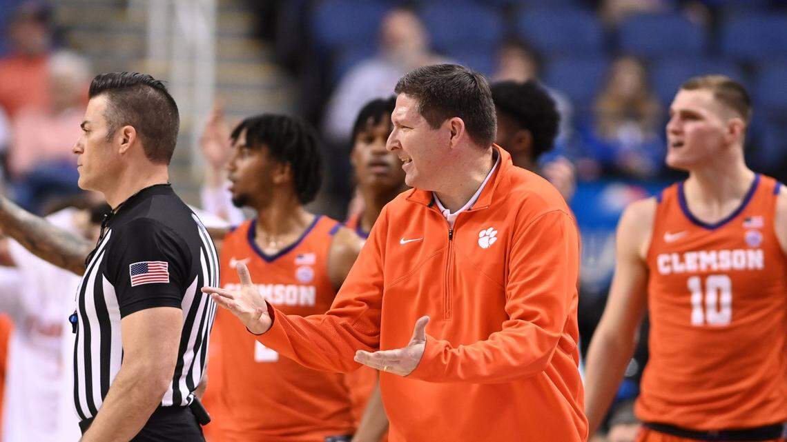 Mar 10, 2023; Greensboro, NC, USA; Clemson Tigers head coach Brad Brownell reacts in the second half during the semifinals of the ACC Tournament at Greensboro Coliseum. Mandatory Credit: Bob Donnan-USA TODAY Sports