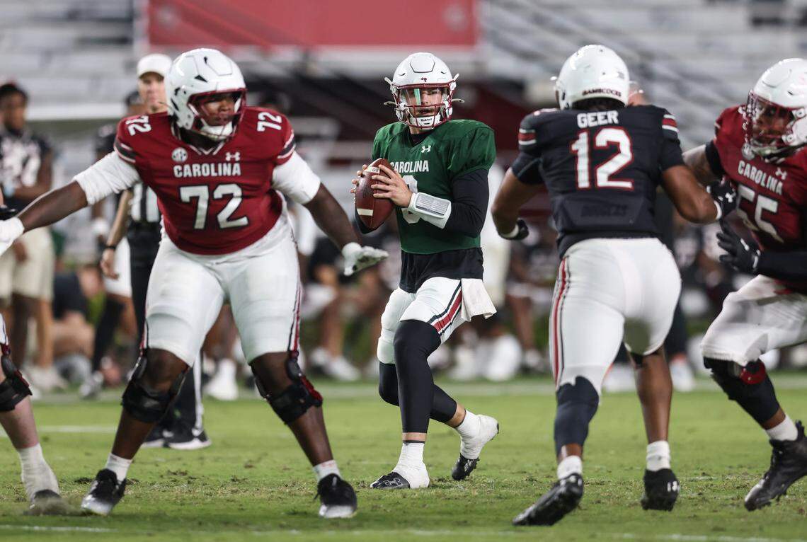 South Carolina quarterback Luke Doty (9) looks to pass during the Garnet and Black Spring Game in Columbia on Friday, April 18, 2025.