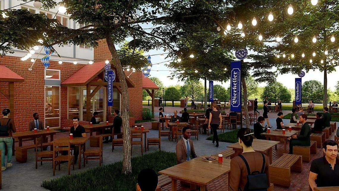 This is a rendering of the outdoor portion of Bierkeller Columbia’s planned location at the CanalSide development.