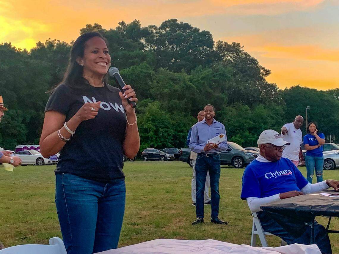 State Sen. Mia McLeod, a Democratic candidate for South Carolina governor, speaks at the annual fish fry hosted by House Majority Whip Jim Clyburn in North Charleston on Saturday, May 7, 2022.
