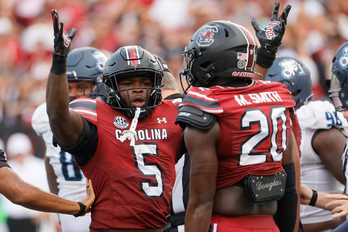 South Carolina running back Raheim “Rocket” Sanders (5) celebrates scoring against Old Dominion at Williams-Brice Stadium on Saturday, August 31, 2024.