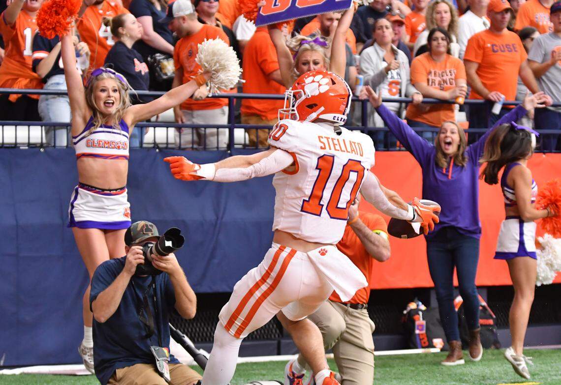 Clemson Tigers wide receiver Troy Stellato (10) reacts to scoring a touchdown against the Syracuse Orange in the first quarter at the JMA Wireless Dome.