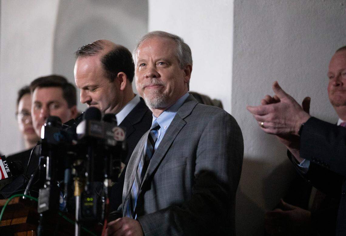 Prosecutor Creighton Waters talks with the media after Alex Murdaugh was found guilty on all four counts at the Colleton County Courthouse in Walterboro on Thursday, March 2, 2023. Andrew J. Whitaker/The Post and Courier/Pool