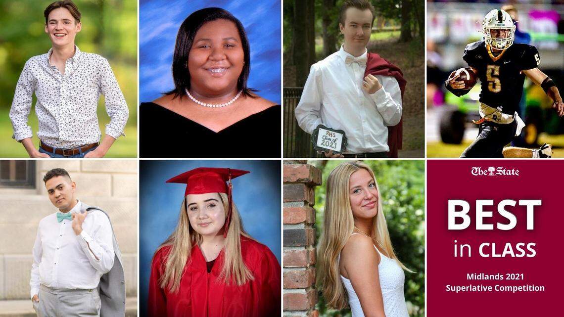 Winners of The State’s 2021 “Best in Class” high school superlatives are, from top left, Dalton Perry, Meaghan Waddell, Dylan Kosmos, Will Owens, Joshua Parga, Megan Harris, Anne Huntley Crouch and, not pictured, Asia Jackson.