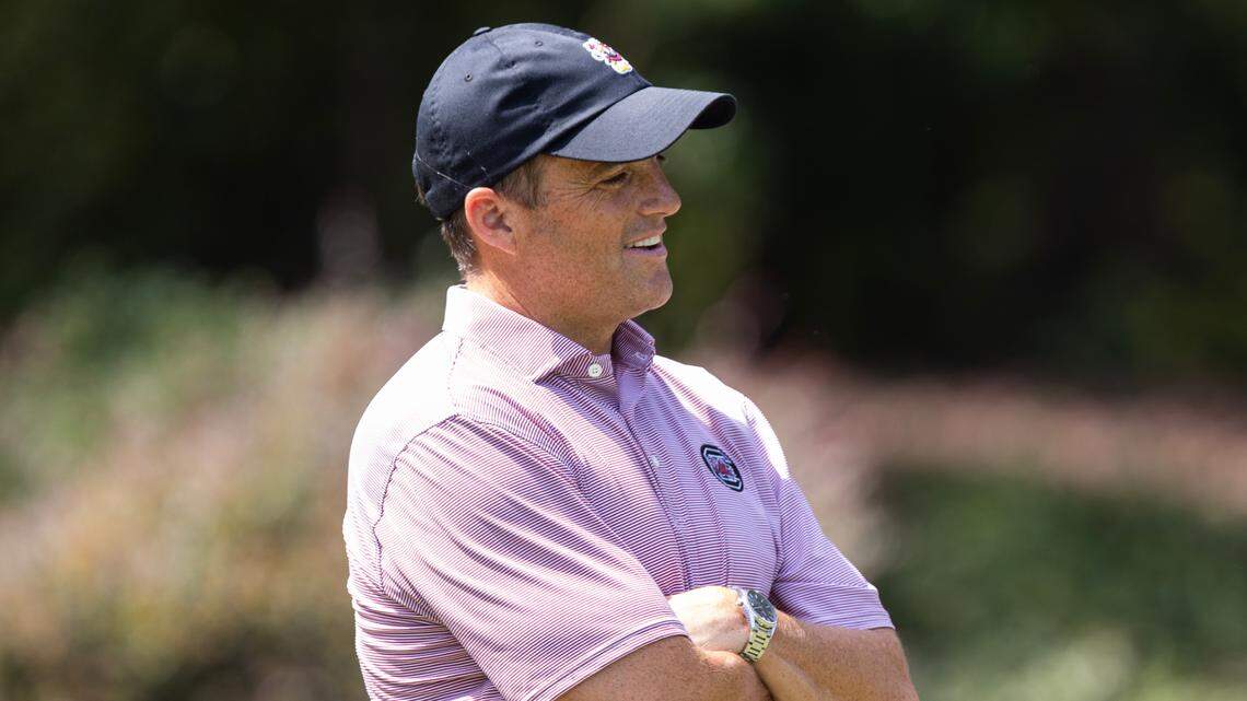 South Carolina Gamecocks head coach Shane Beamer speaks with journalists, staff and the community while they golf during the Birdies with Beamer event at Cobblestone Park Golf Club on Wednesday, July 26, 2023.