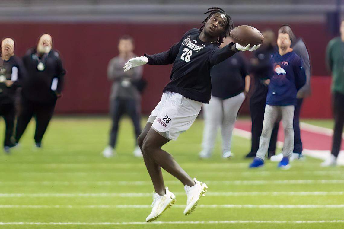 South Carolina Gamecocks defensive back Darius Rush (28) makes a one-handed catch during USC Pro Day March 13, 2023.