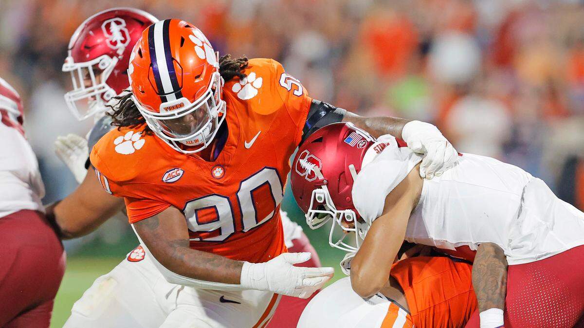 Clemson defensive tackle Stephiylan Green (90) makes a tackle against Stanford in Clemson, S.C. on Saturday, Sept. 28, 2024.