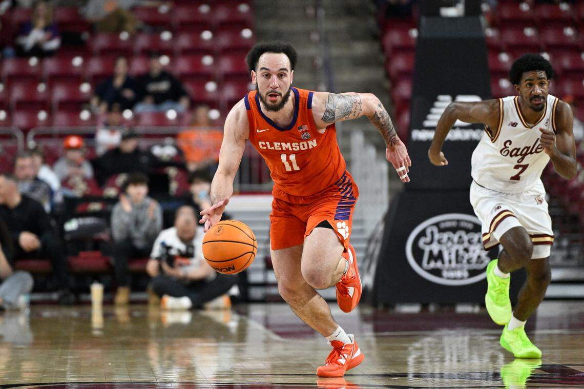 Mar 5, 2025; Chestnut Hill, Massachusetts, USA; Clemson Tigers guard Jaeden Zackery (11) drives to the basket during the second half against the Boston College Eagles at Conte Forum.