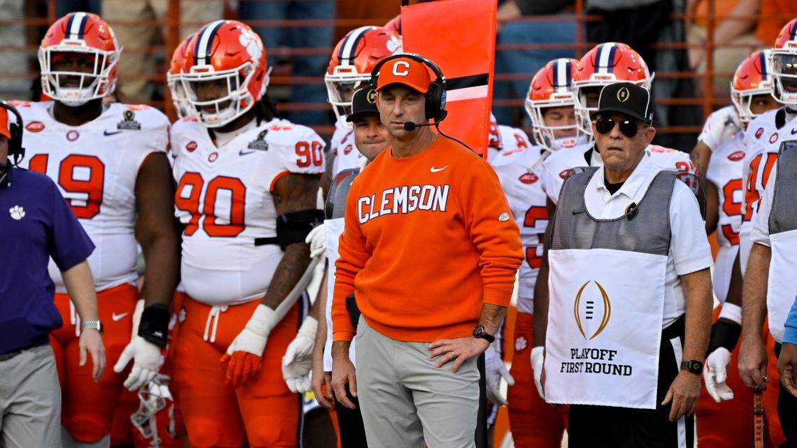 Clemson Tigers head coach Dabo Swinney looks on during the second quarter against the Texas Longhorns of the CFP National Playoff first round game at Darrell K Royal-Texas Memorial Stadium.