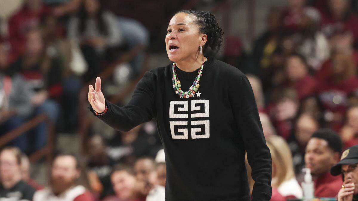 South Carolina's head coach Dawn Staley calls to her team during the first half of action of their women's basketball game against North Carolina Central at Colonial Life Arena on Sunday, Dec. 7, 2025.