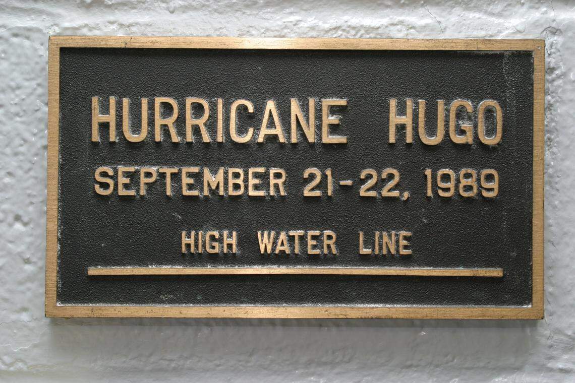 A plaque, which hangs nearly six-feet high on the wall of Lincoln High School in McClellanville, S.C., shows how high water rose in the school during Hurricane Hugo in 1989.