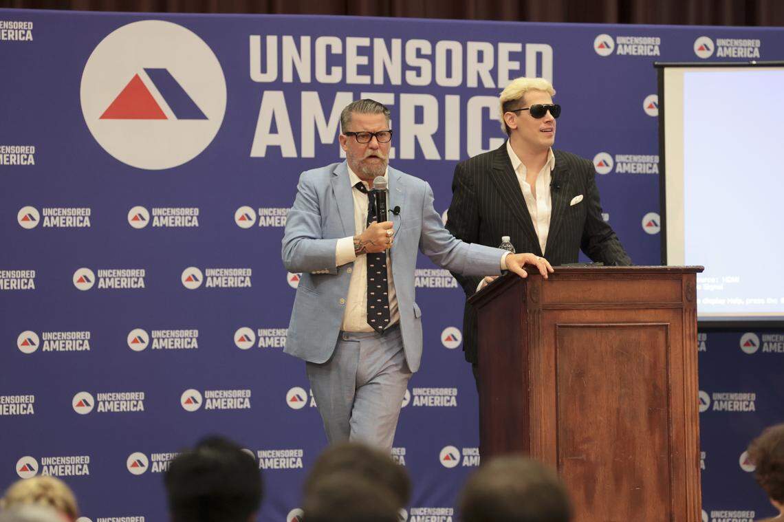 Gavin McInnes and Milo Yiannopoulos speak during a ‘roast’ of Kamala Harris at the University of South Carolina Russel House on Wednesday, Sept. 18, 2024. The event was hosted by USC’s chapter of Uncensored America.