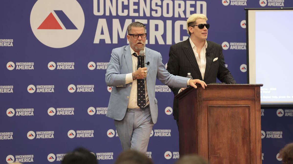 Gavin McInnes and Milo Yiannopoulos speak during a ‘roast’ of Kamala Harris at the University of South Carolina Russel House on Wednesday, Sept. 18, 2024. The event was hosted by USC’s chapter of Uncensored America.