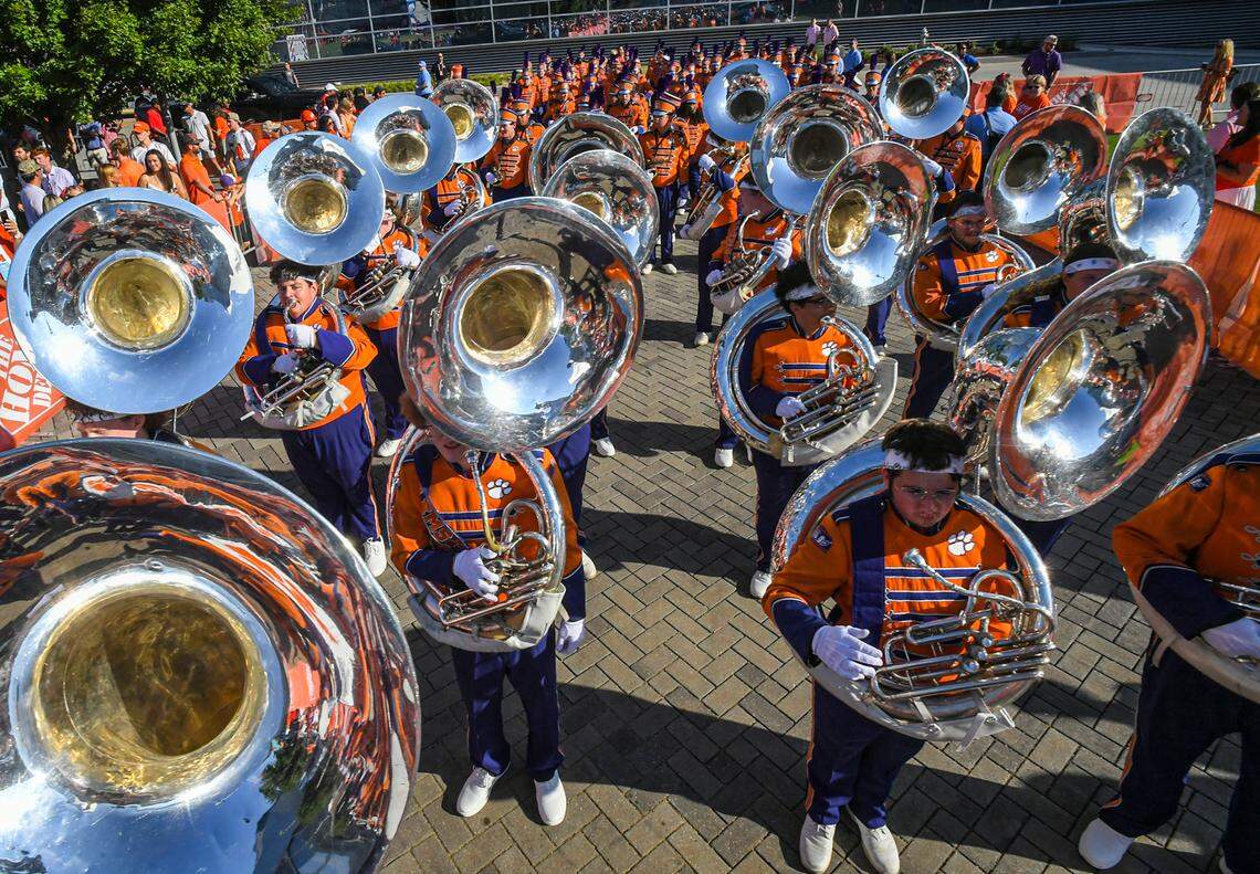 Aug 31, 2024; Atlanta, Georgia, USA; Clemson Tiger Band march into the stadium before the 2024 Aflac Kickoff Game with the University of Georgia Bulldogs at Mercedes-Benz Stadium.