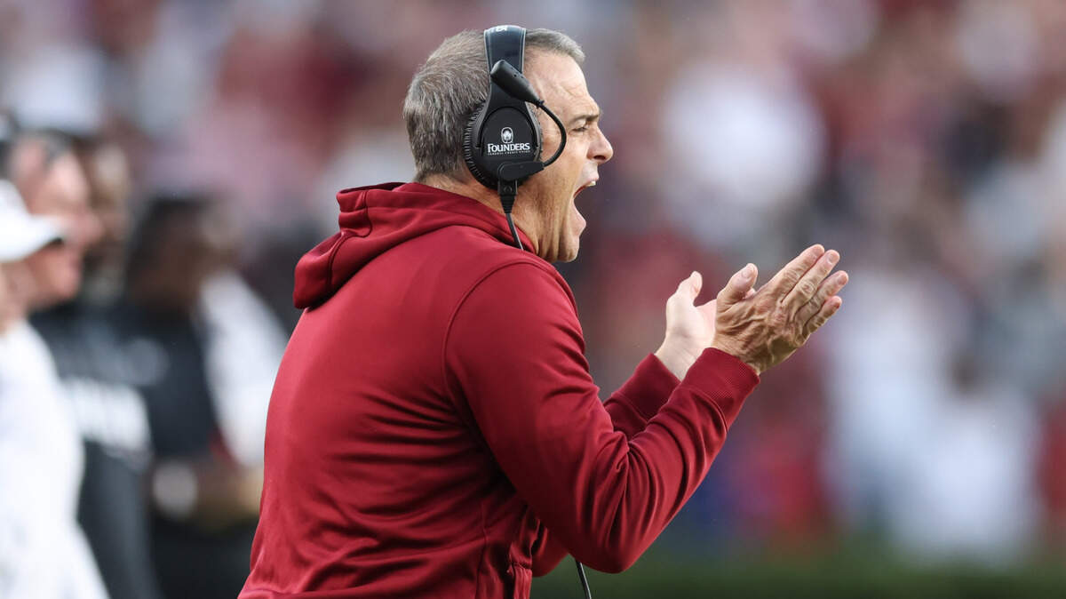 South Carolina head coach Shane Beamer cheers on his team after getting a stop during the first half of the Gamecocks’ game against Missouri at Williams-Brice Stadium in Columbia on Saturday, November 16, 2024.
