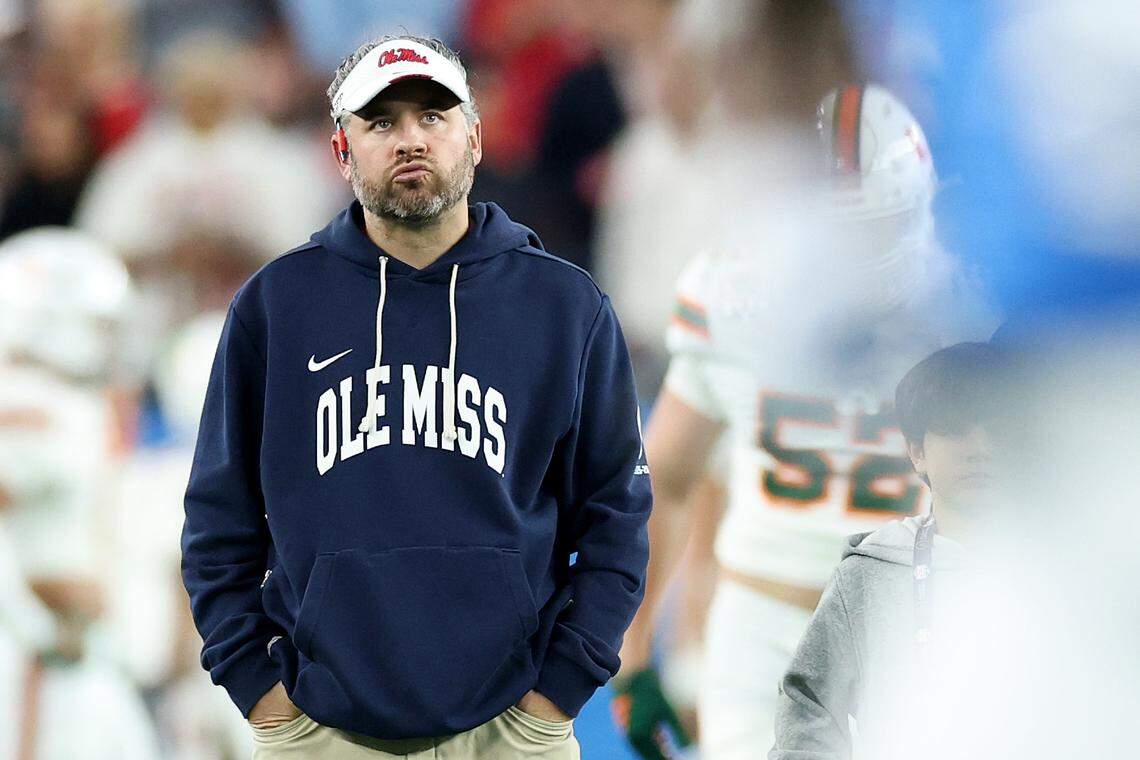 Head coach Pete Golding of the Ole Miss Rebels looks on in the first half against the Miami Hurricanes during the 2025 College Football Playoff Semifinal at the VRBO Fiesta Bowl at State Farm Stadium on January 08, 2026 in Glendale, Arizona.
