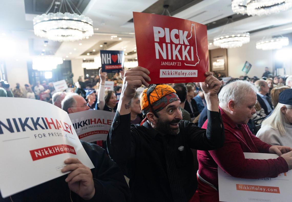 Guests cheer in anticipation of former United Nations Ambassador Nikki Haley’s rally at The Artisan hotel on Monday, Jan. 22, 2024, in Salem, New Hampshire.