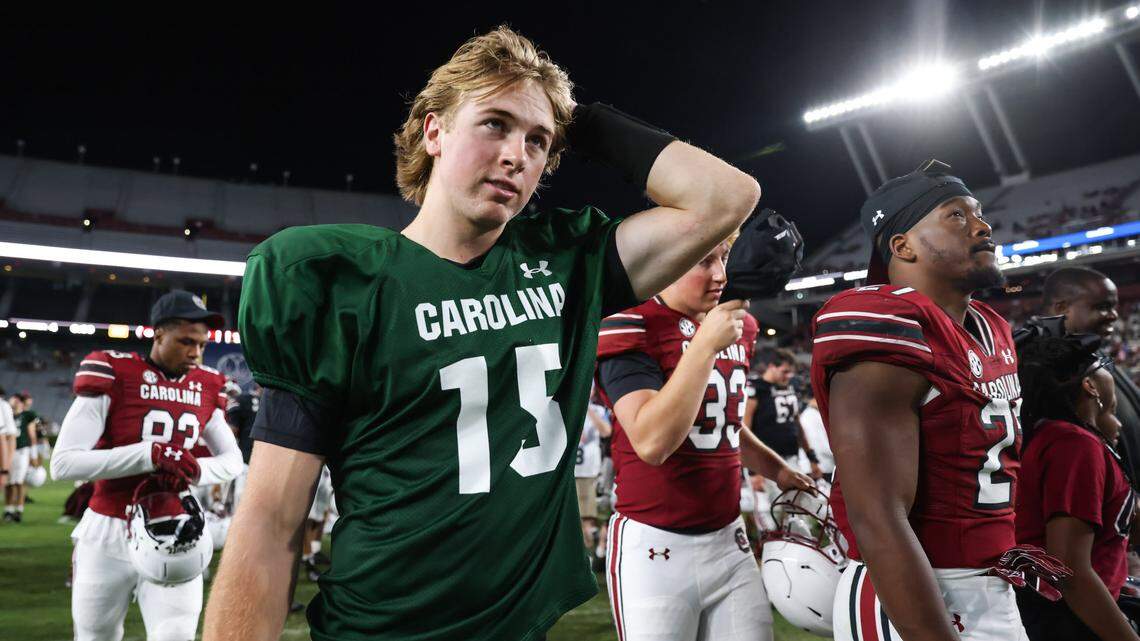 South Carolina quarterback Cutter Woods (15) walks off the field following the Garnet and Black Spring Game in Columbia on Friday, April 18, 2025.