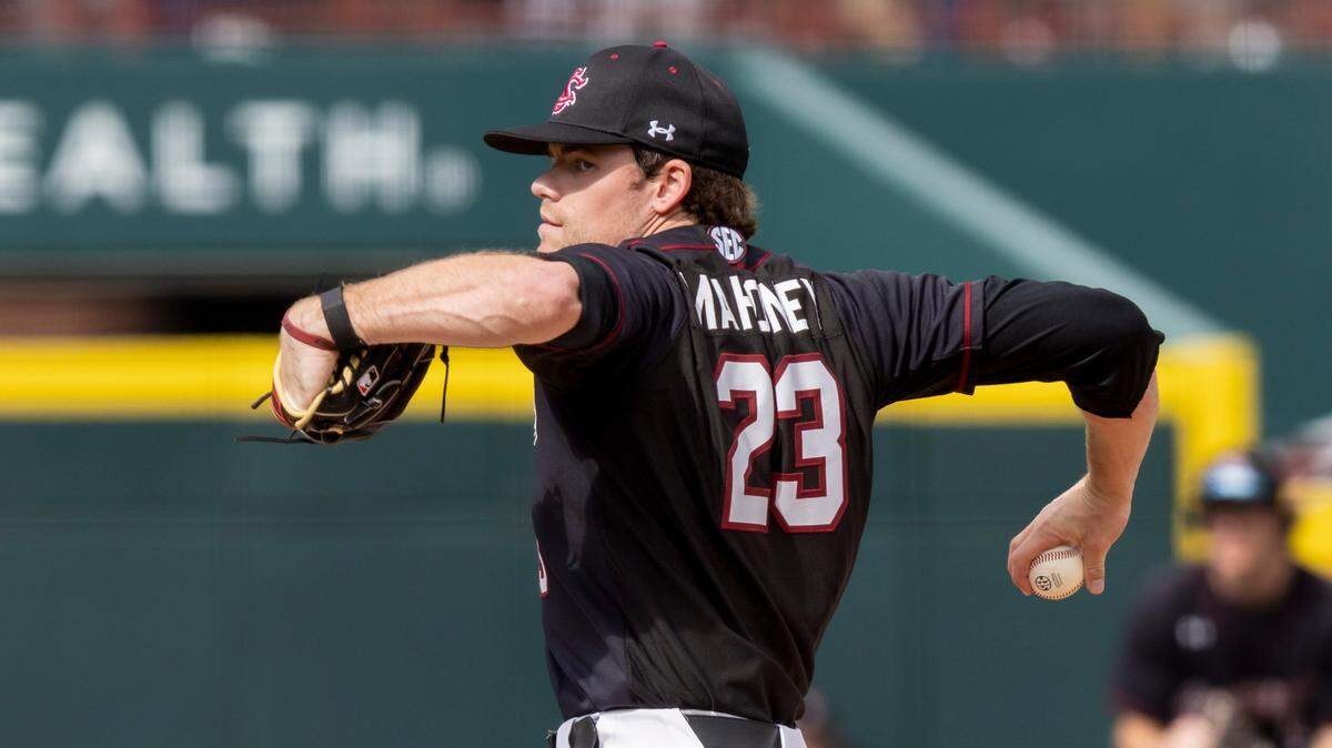 South Carolina pitcher Jack Mahoney (23) pitches during South Carolina’s game against UMass Lowell in Columbia on Sunday, Feb. 19, 2023.