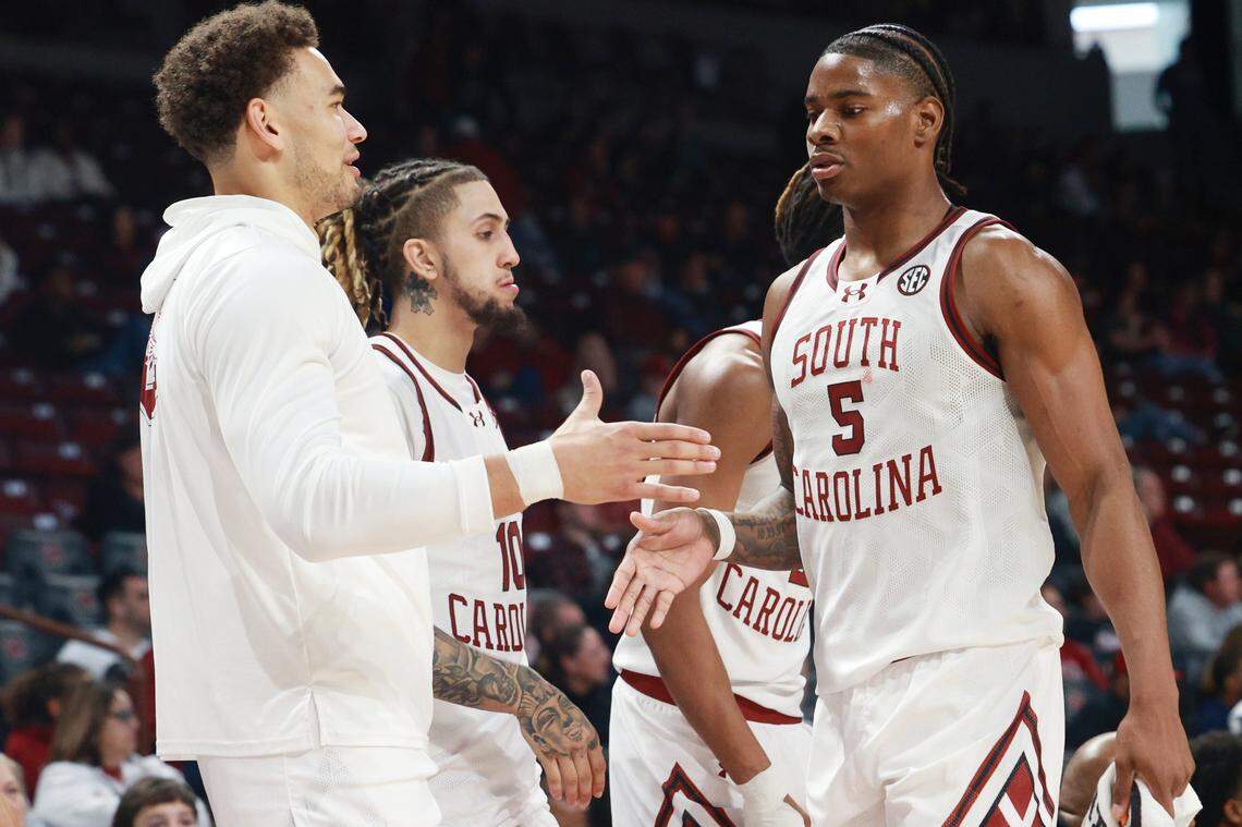 South Carolina Forward Nick Pringle (5) is welcomed back to the bench during the game against Upstate at Colonial Life Arena on Saturday, December 14, 2024.