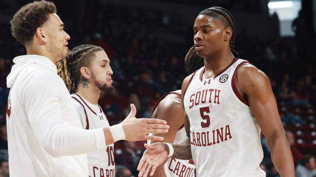 South Carolina Forward Nick Pringle (5) is welcomed back to the bench during the game against Upstate at Colonial Life Arena on Saturday, December 14, 2024.