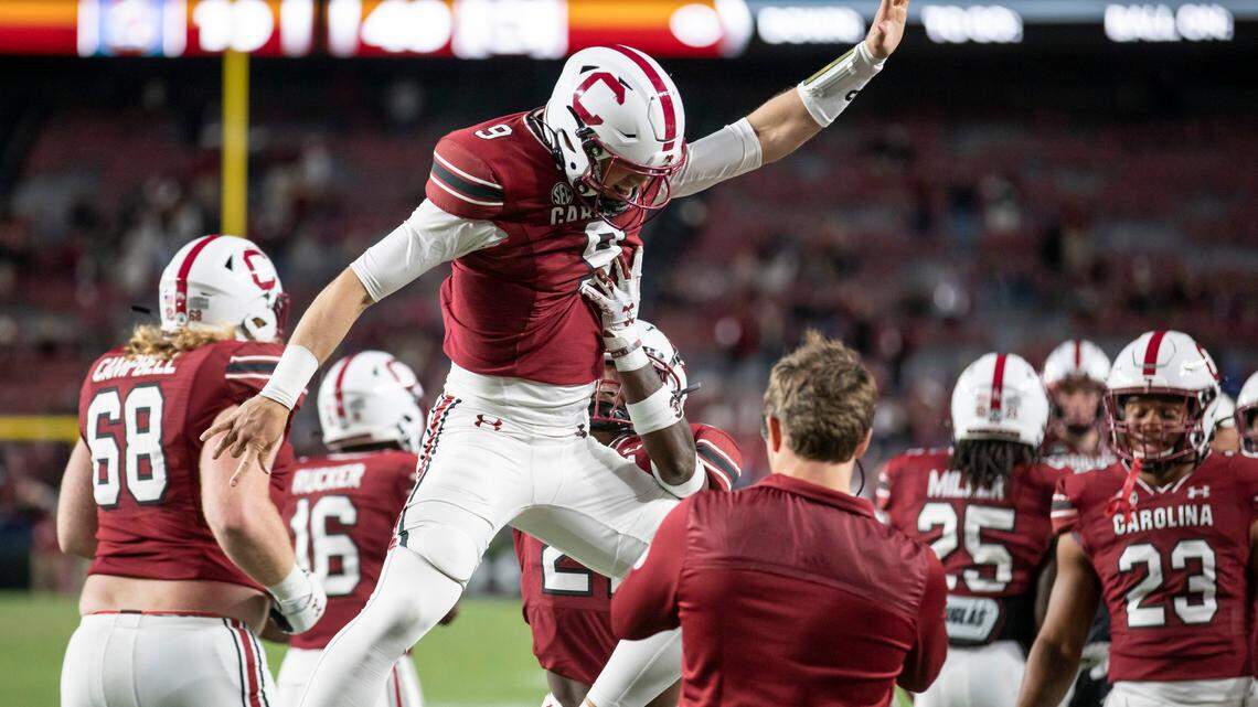 South Carolina Gamecocks quarterback Luke Doty (9) celebrates with teammates after scoring a touchdown at Williams-Brice Stadium in Columbia, SC on Saturday, Sept. 29, 2022.