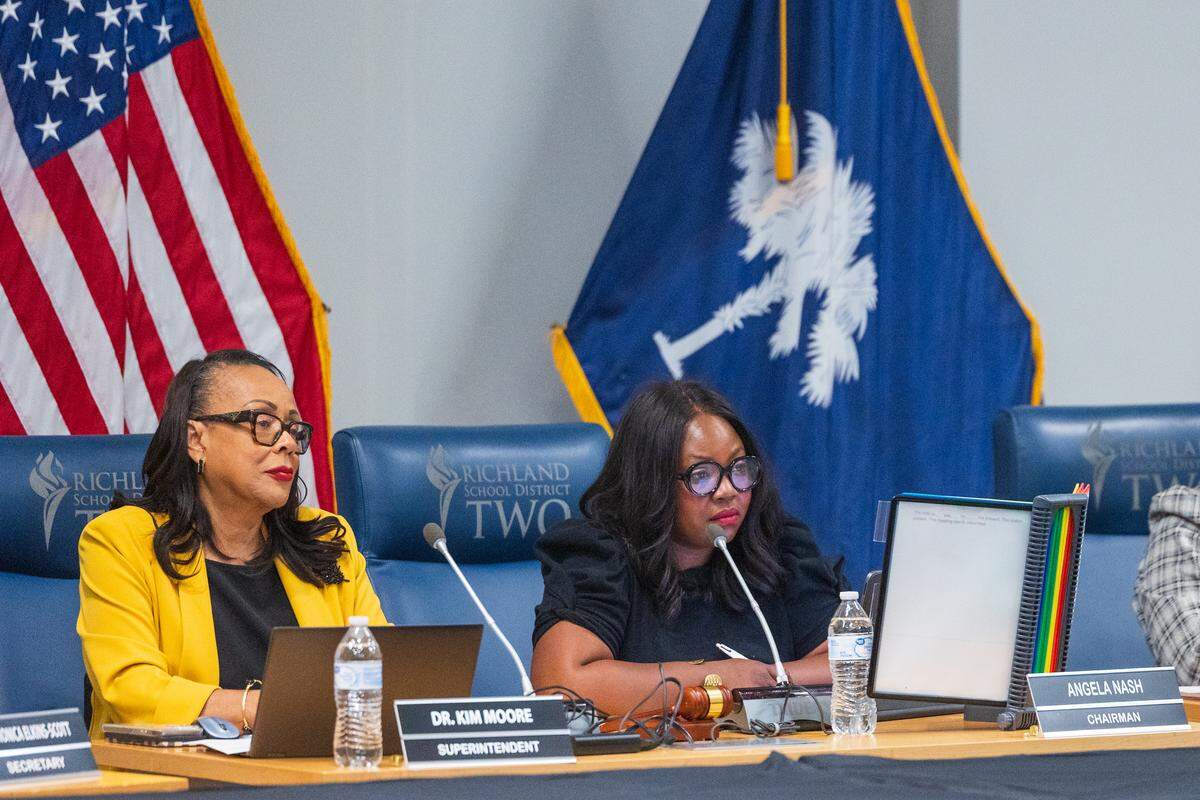 The Richland School District Two school board chair Angela Nash listens during a board meeting on Tuesday, August 26, 2025.