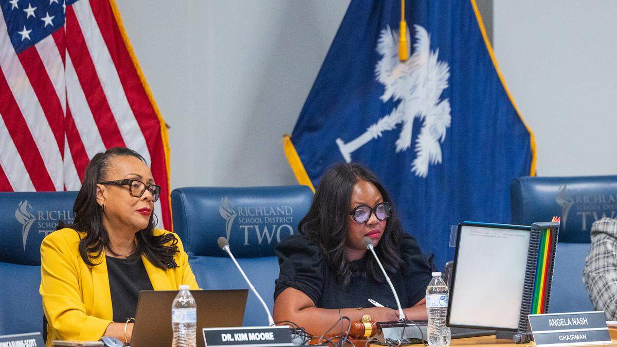 The Richland School District Two school board chair Angela Nash listens during a board meeting on Tuesday, Aug. 26, 2025.