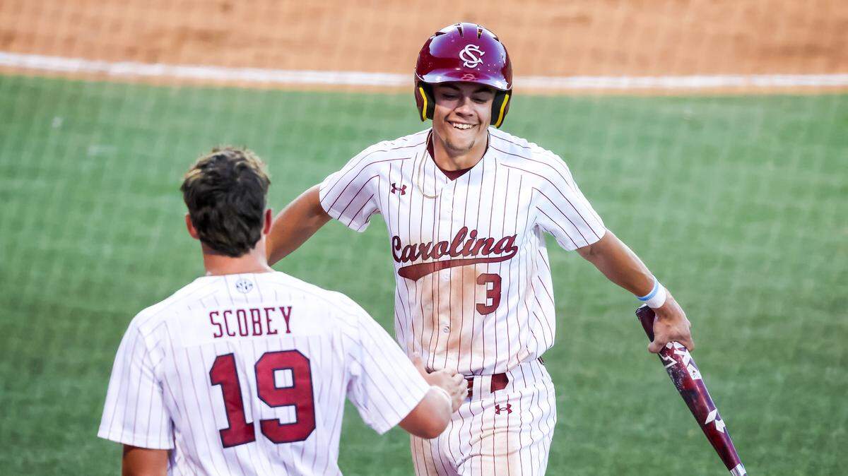 South Carolina Gamecocks infielder Patrick Evans (3) celebrates after scoring against the Texas Longhorns during their game at Founders Park, 4/2/26.
