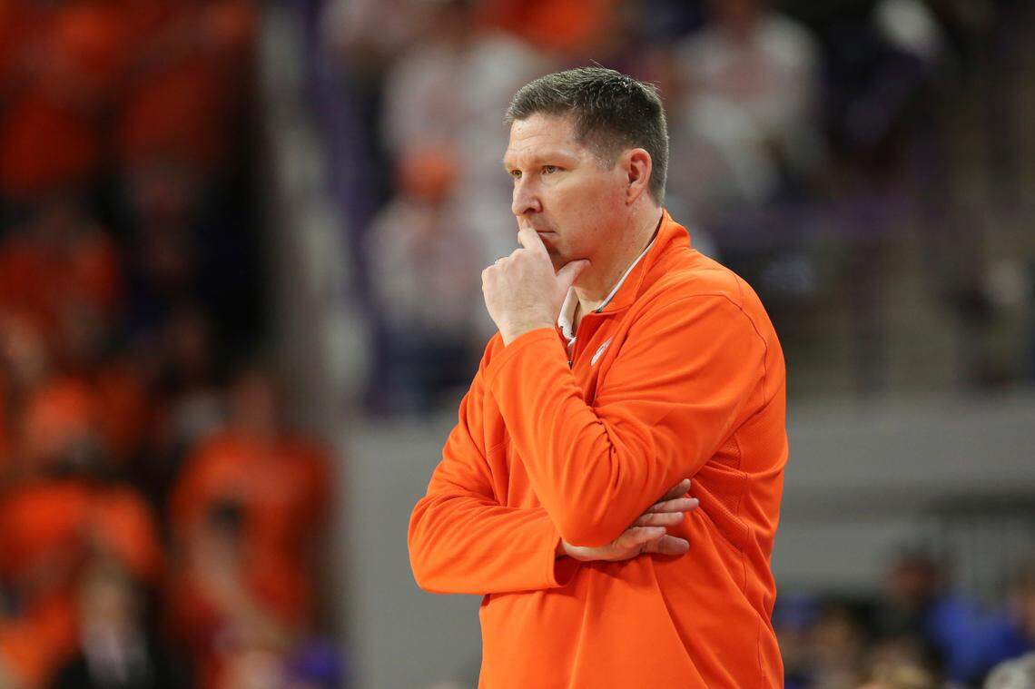 Clemson head coach Brad Brownell is quiet as he watches his team take the lead during the second half of an NCAA college basketball game against Duke in Clemson, S.C., Saturday, Jan. 14, 2023. (AP Photo/Artie Walker Jr.)