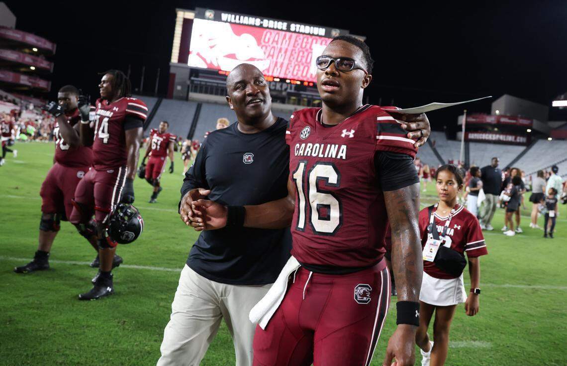 South Carolina quarterback LaNorris Sellers (16) speaks with defensive coordinator Clayton White following the Gamecocks’ season opener against Old Dominion in Columbia on Saturday, August 31, 2024.