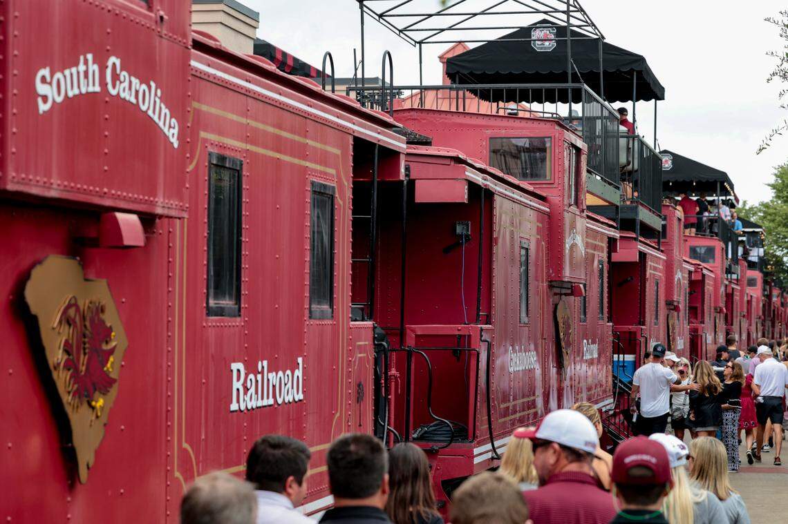 A line of 22 vintage railroad cabooses form the Cockaboose Railroad near the Williams-Brice Stadium.The Cockabooses are privately owned and used mainly for tailgating.