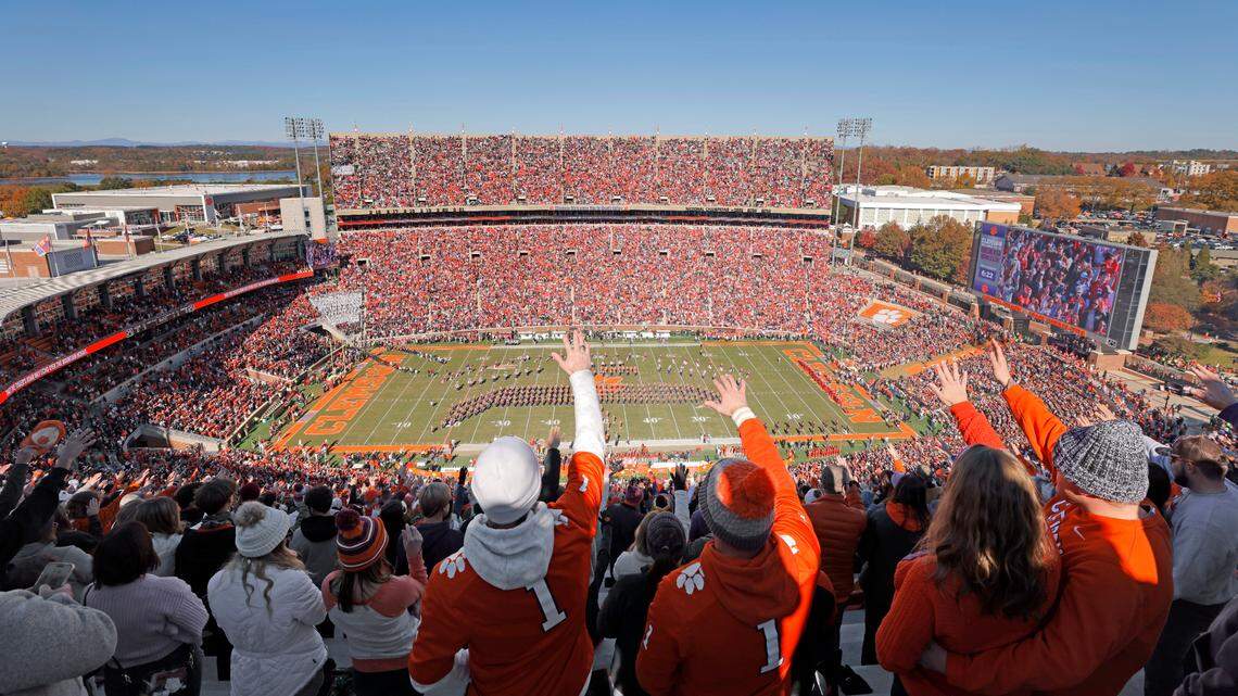 Clemson fans sing the alma mater before the South Carolina game a Memorial Stadium in Clemson, S.C. on Saturday, Nov. 30, 2024.