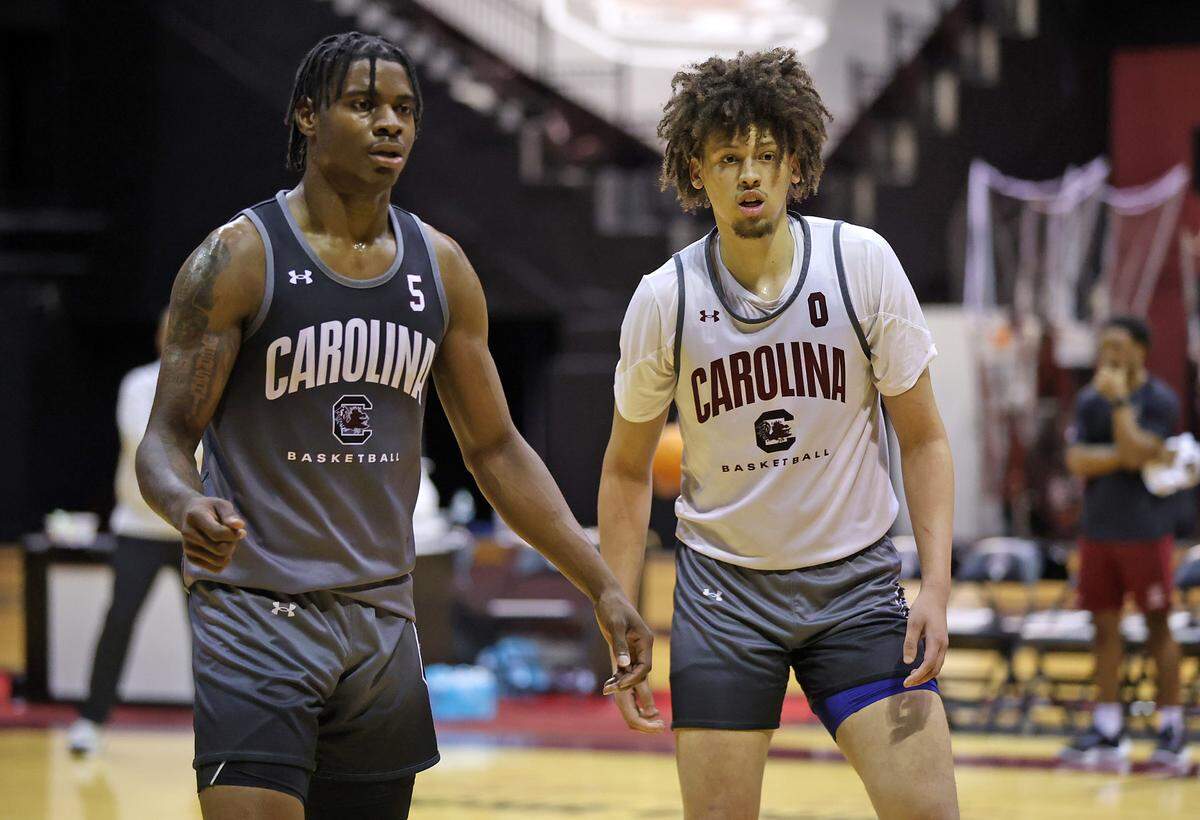 South Carolina’s Nick Pringle and Jordan Butler during a summer men’s basketball practice on Tuesday, July 30, 2024 inside Carolina Coliseum.