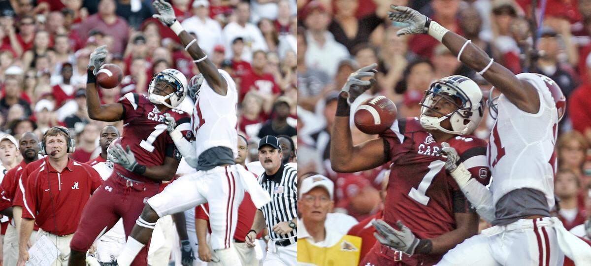 From Oct. 9, 2010: Alshon Jeffery, with a defender draped over him and Alabama defensive coordinator Kirby Smart watching, makes a one-handed catch in the fourth quarter that led to the Gamecocks’ final touchdown in its 35-21 win Saturday. Gerry Melendez/gmelendez@thestate.com