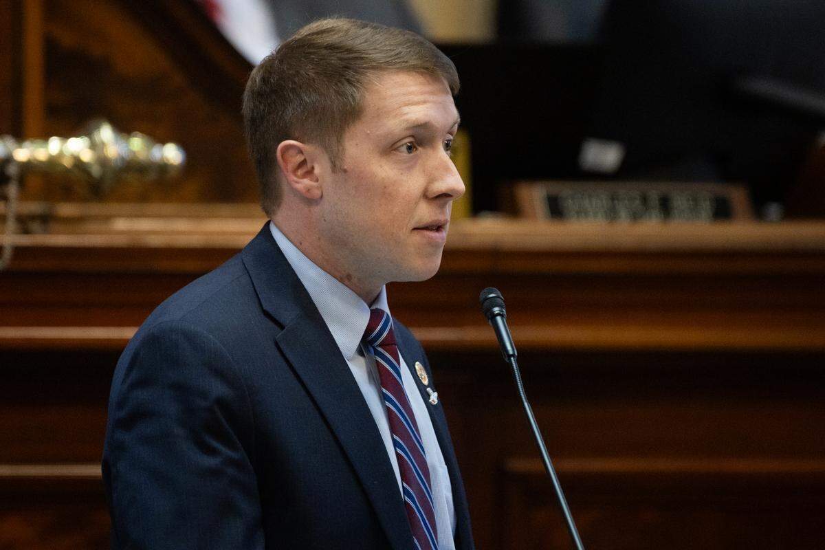 South Carolina State Representative Jordan Pace, R-Berkeley, speaks in defense of an amendment to the state budget on Tuesday, March 11, 2025.