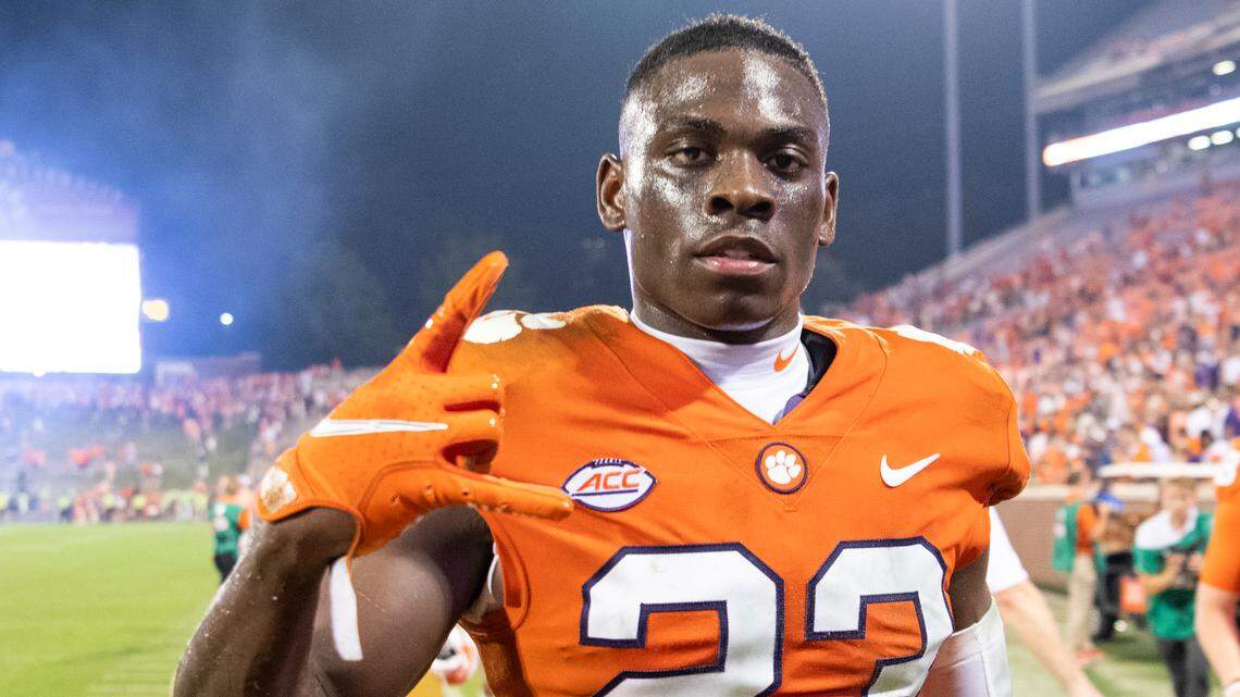 Clemson cornerback Andrew Booth Jr. (23) leaving the field after a NCAA college football game, against Boston College Saturday, Oct. 2, 2021, in Clemson, S.C. (AP Photo/Hakim Wright Sr.)