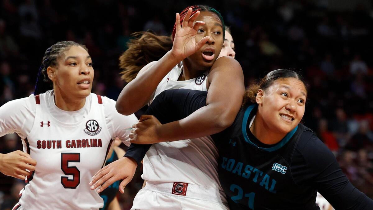 Aliyah Boston battles for position as South Carolina plays Coastal Carolina on Wednesday at Colonial Life Arena.
