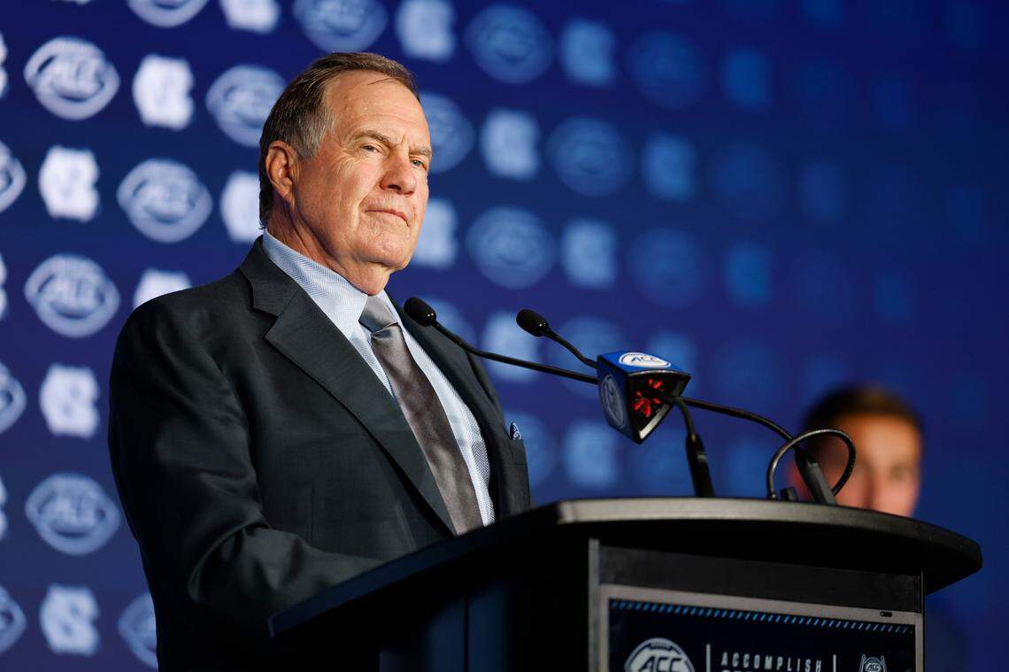 North Carolina head coach Bill Belichick speaks to the media at the 2025 ACC Kickoff in Charlotte, N.C., Thursday, July 24, 2025.