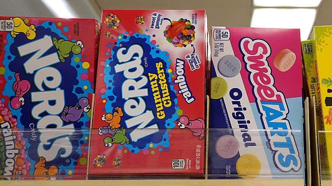 Packages of Nerds and SweeTARTS candy are displayed on a store shelf on December 03, 2025 in San Anselmo, California.