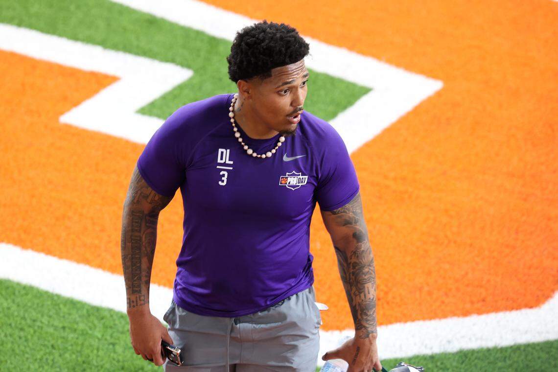 Clemson’s T.J. Parker in between drills at Pro Day at Allen N. Reeves Football Complex on March 12 in Clemson. 