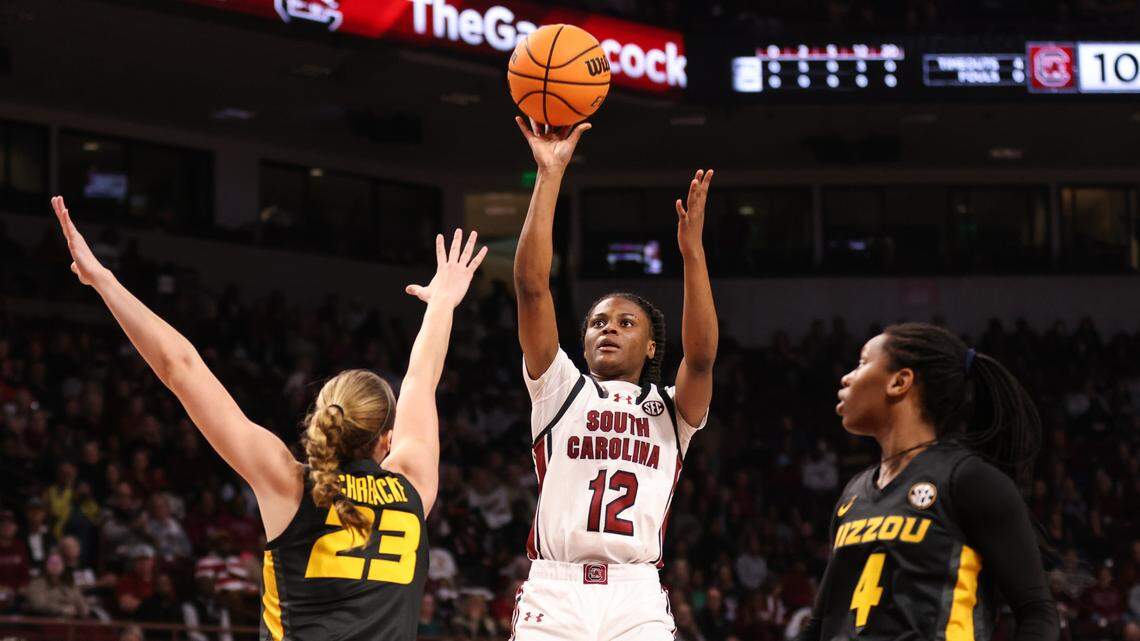 South Carolina guard MiLaysia Fulwiley (12) puts up a shot over Missouri guard Abbey Schreacke (23) during first half of the Gamecocks’ game against Missouri at Colonial Life Arena in Columbia on Thursday, February 8, 2024.