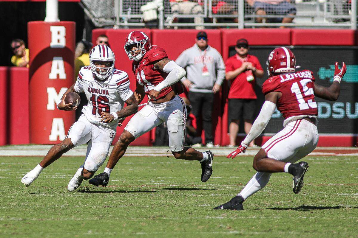 South Carolina’s LaNorris Sellers during the 2024 game against Alabama in Bryant-Denny Stadium.