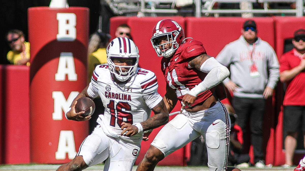South Carolina’s LaNorris Sellers during Saturday’s game against Alabama in Bryant-Denny Stadium.