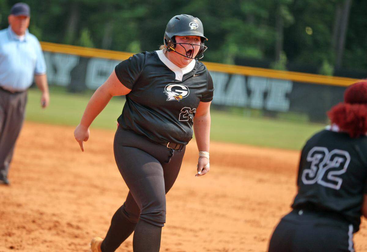 Gray Collegiate’s Maddox Long (23) celebrates her two-run home run in the 2025 Class 4A softball state championship win on Saturday, May 31. The War Eagles defeated York 5-2.