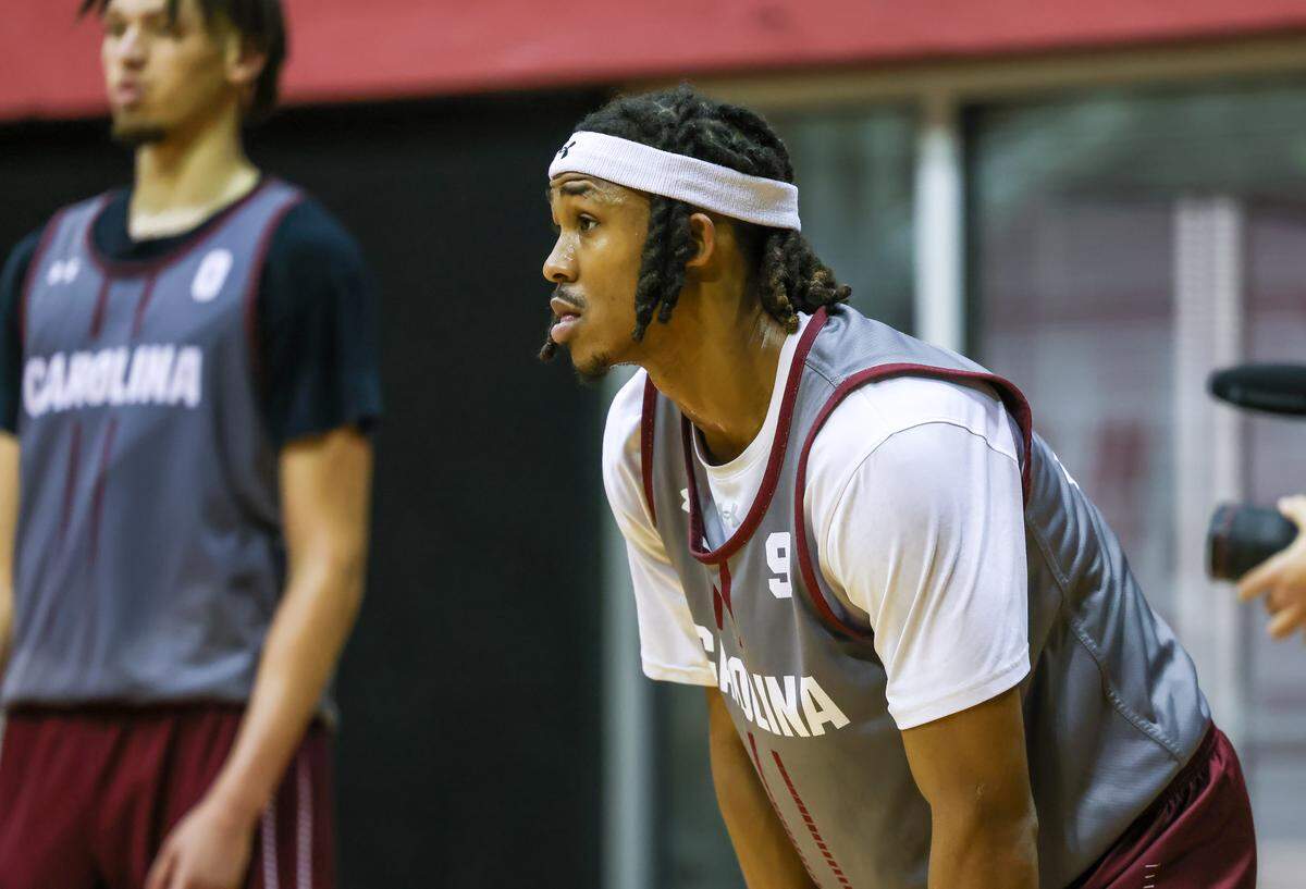 South Carolina guard Meechie Johnson (5) looks on during the Gamecocks’ practice on Oct. 2.